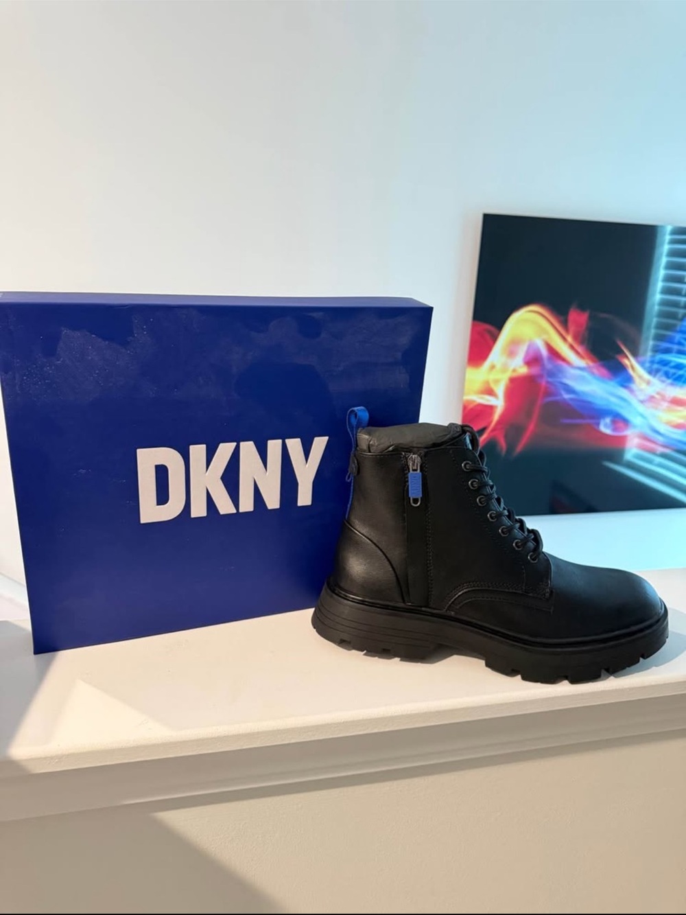DKNY Black Men's Lace-Up Combat Boot with Blue Pull Tab
